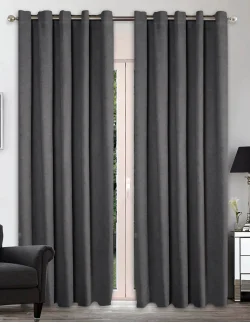 Έτοιμη ραμμένη κουρτίνα με κρίκους (200x283)- Velour Suet ανθρακί αδιάφανη