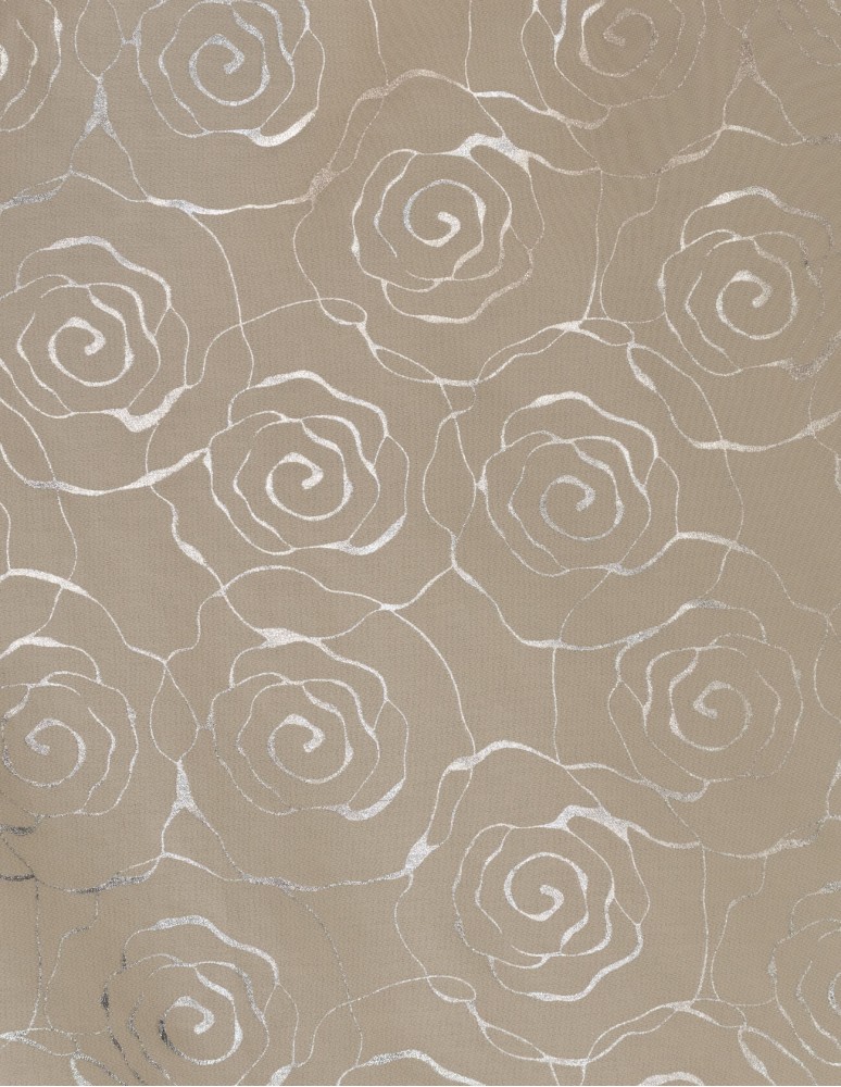 Έτοιμη ραμμένη κουρτίνα με τρέσα (300x280)- Γάζα μπεζ με τριαντάφυλλα ασημένια ημιδιάφανη