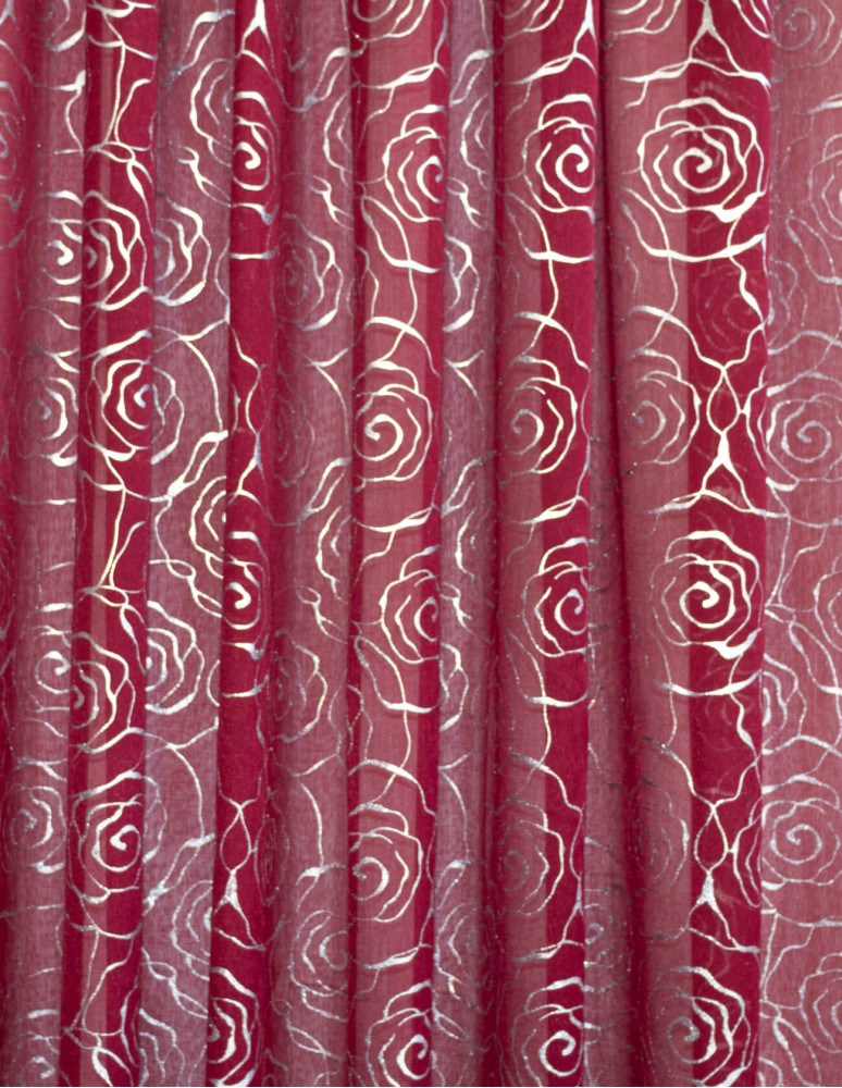 Έτοιμη ραμμένη κουρτίνα με τρέσα (300x280)- Γάζα μπορντό με τριαντάφυλλα ασημένια ημιδιάφανη